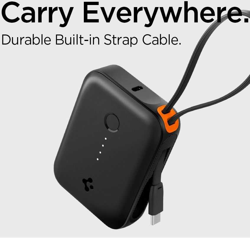 Spigen Essential 10,000 mAh 30W Power Bank (Built in Cable), juodas EA3010BT