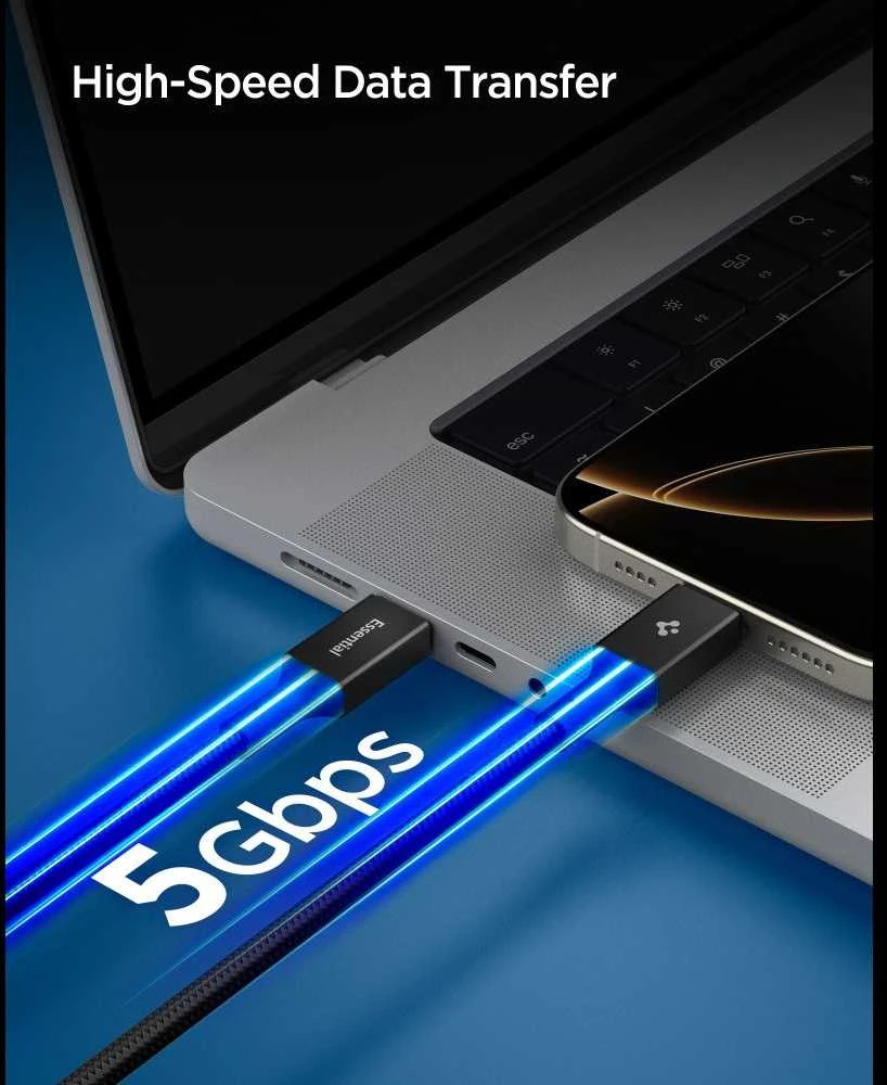 Spigen Essential USB C to USB C 100W Fabric Cable, juodas EB10015CC