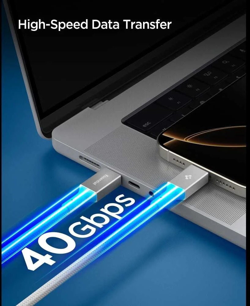 „Spigen Essential USB C“ – USB C 240 W audinio kabelis, baltas EB24015CC