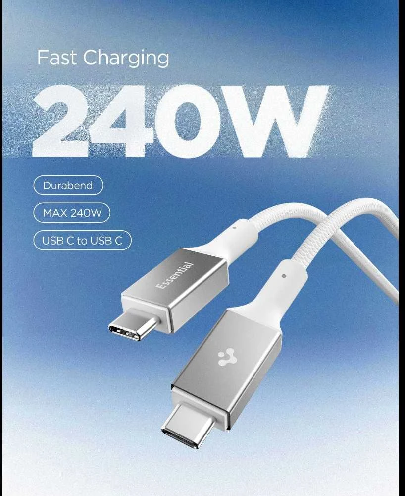 „Spigen Essential USB C“ – USB C 240 W audinio kabelis, baltas EB24015CC
