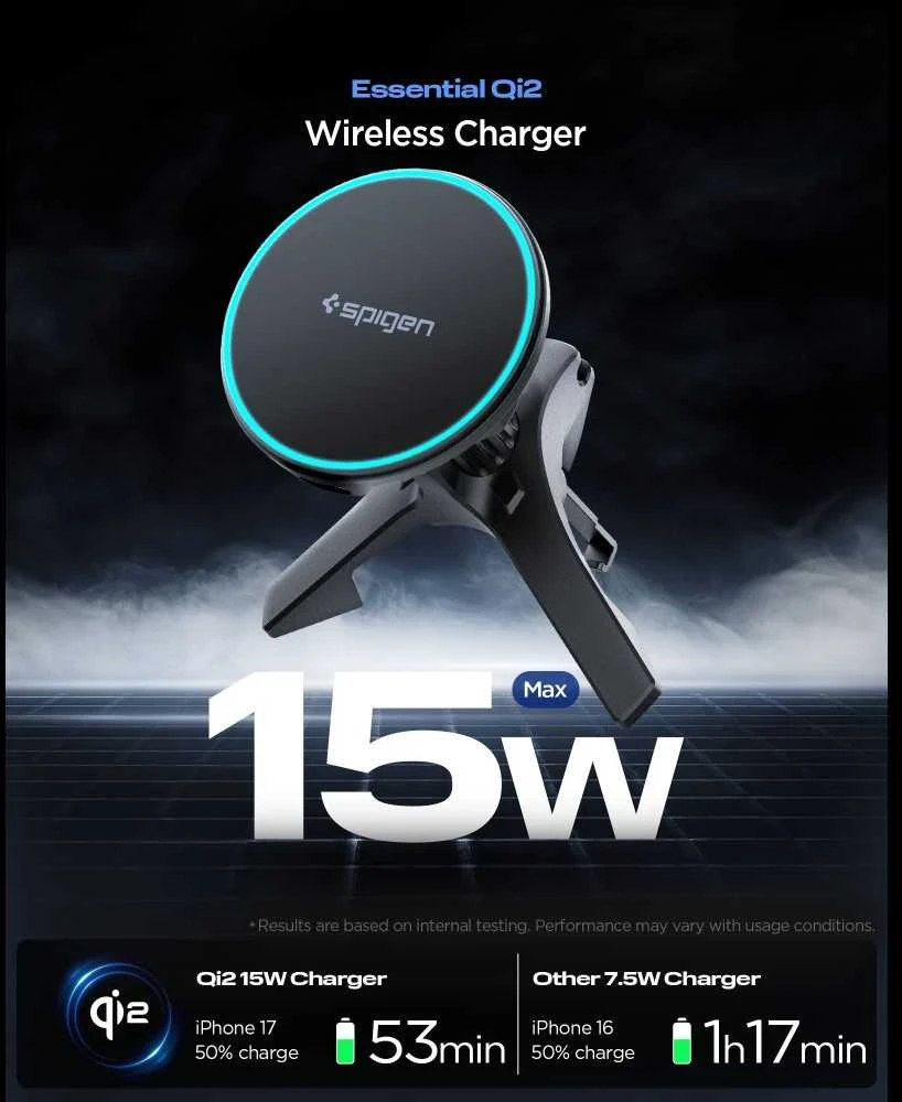 Automobilinis laikiklis Spigen Essential MagSafe Wireless Car Charger EV15MAQ, juodas - Air vent