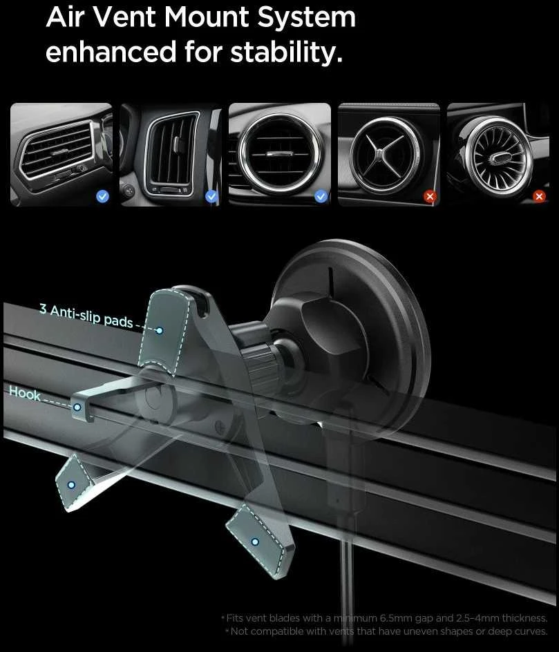 Automobilinis laikiklis Spigen Essential MagSafe Wireless Car Charger EV15MAQ, juodas - Air vent