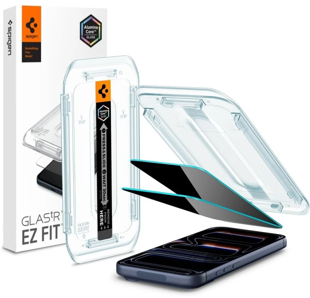 Apsauginis stiklas Apple iPhone 16 Pro / 17 / 17 Pro Spigen Glas.tr „EZ Fit” Privacy 2-pack
