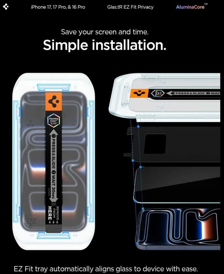 Apsauginis stiklas Apple iPhone 16 Pro / 17 / 17 Pro Spigen Glas.tr „EZ Fit” Privacy 2-pack