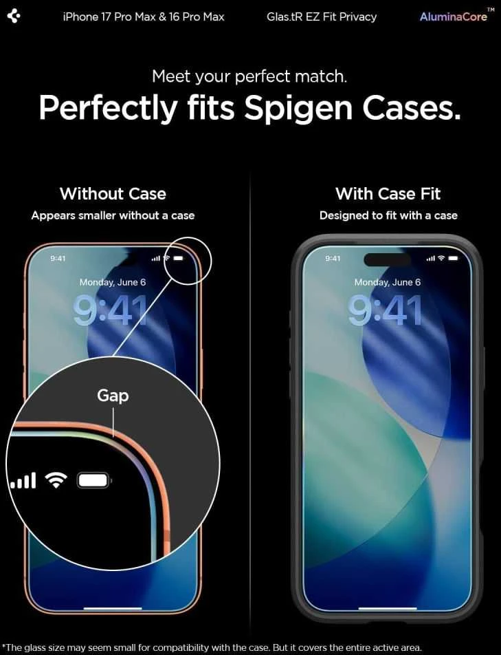 „Spigen Glas.tR EZ Fit Privacy“ dėklas Apple iPhone 16 Pro Max / 17 Pro Max – 2 vnt.