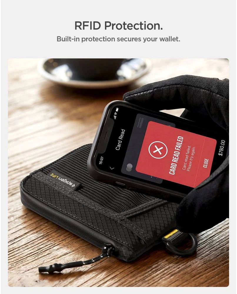 SPIGEN LF300 MINKŠTAS RFID KORTELIŲ DĖKLAS Juodas