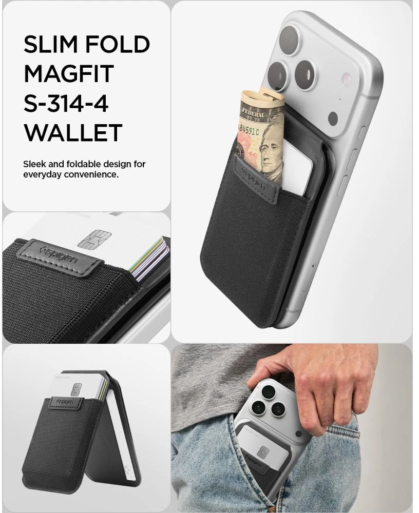Dėklas SPIGEN S314-4 SLIM FOLD TRIPOD WALLET MAGSAFE Juodas