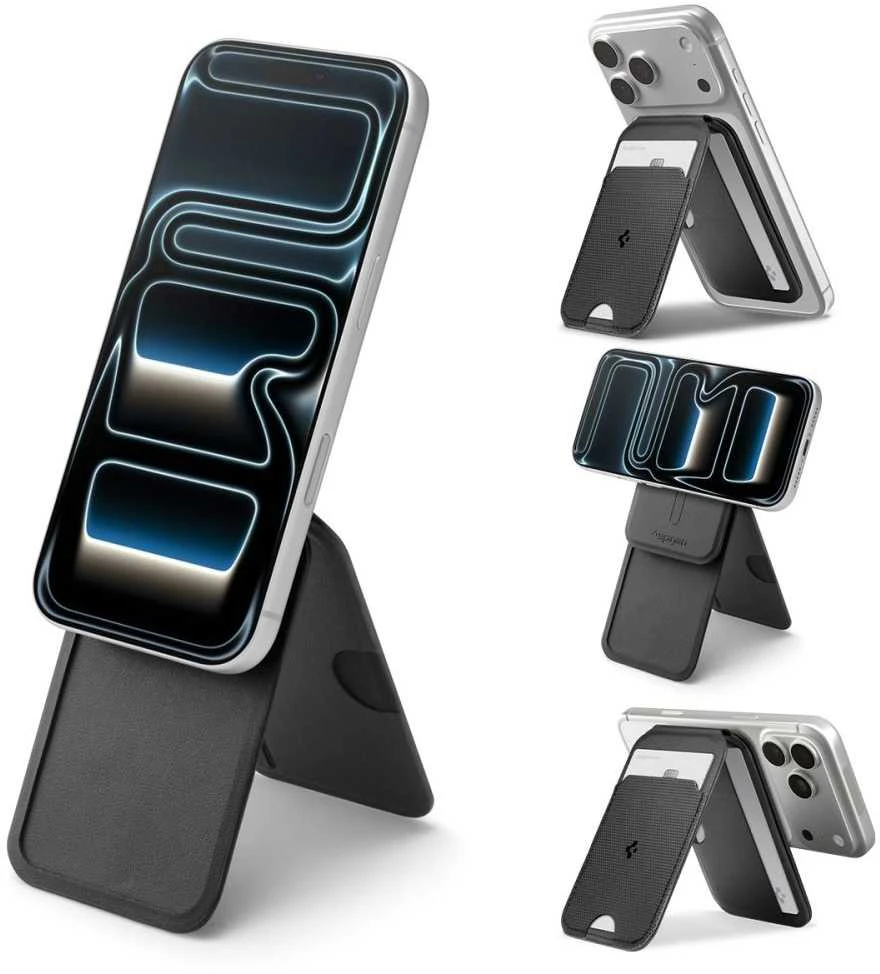 Spigen Plona sulankstoma MagSafe piniginė su trikojumi, skirta 3 kortelėms, juoda