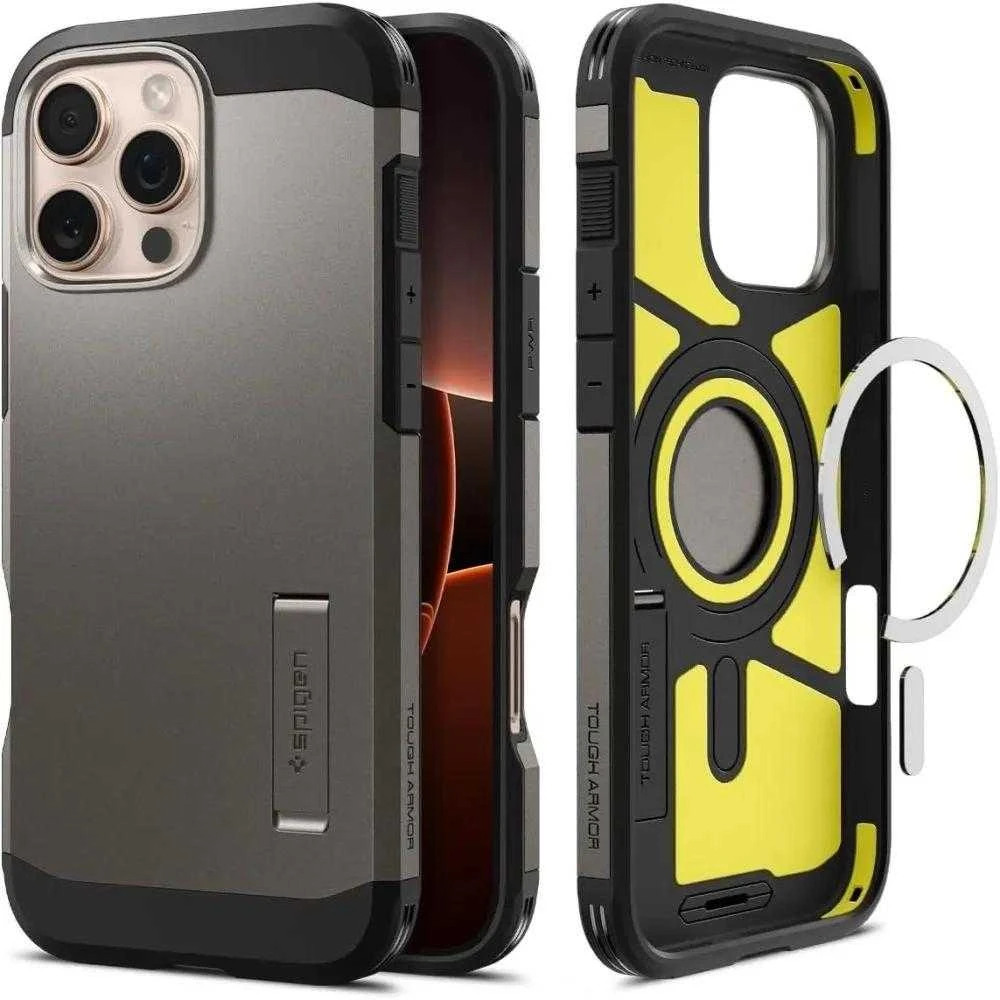 Spigen Tough Armor MagSafe su stoveliu Apple iPhone 16 Pro Max – dėklas telefonui juodos spalvos