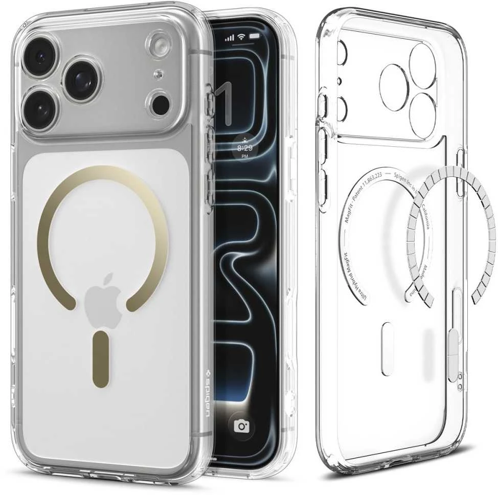 SPIGEN case ULTRA HYBRID MAG compatible with MagSafe for IPHONE 17 Pro Max clear auksinis