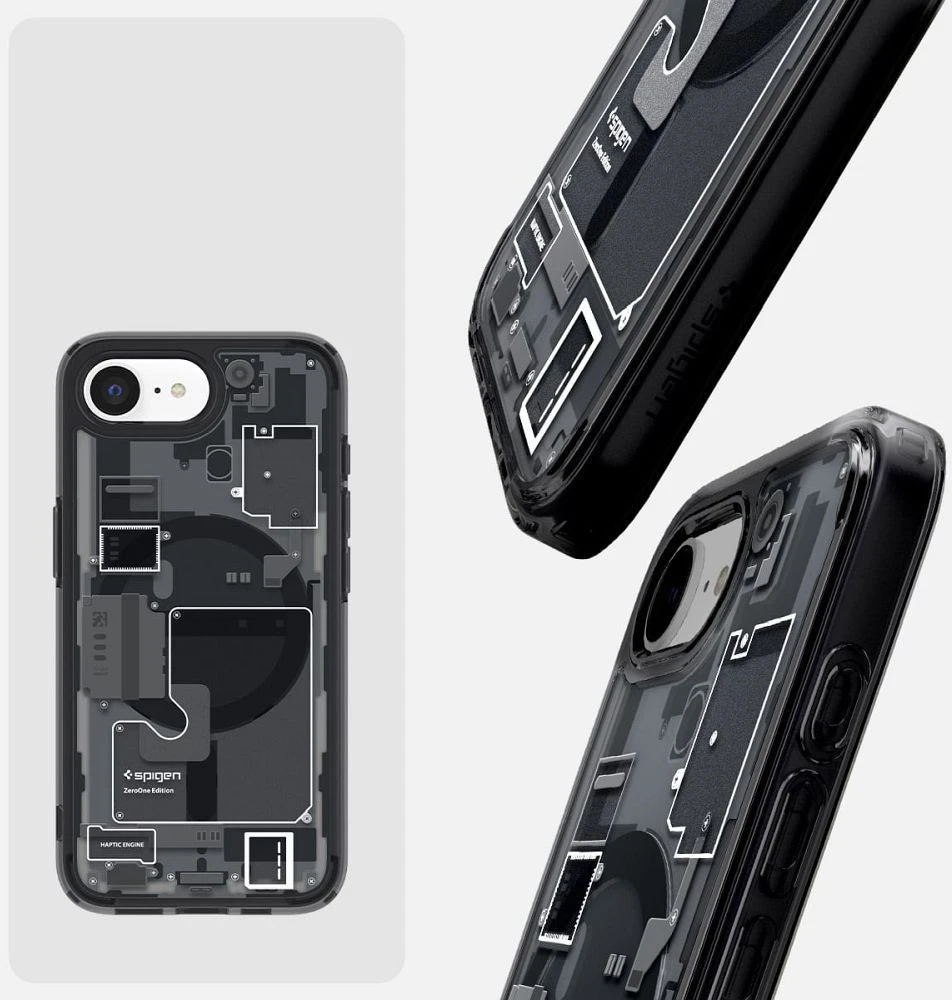 SPIGEN dėklas ULTRA HYBRID MAG suderinamas su MagSafe, skirtas IPHONE 16E 2025 zero one juodas