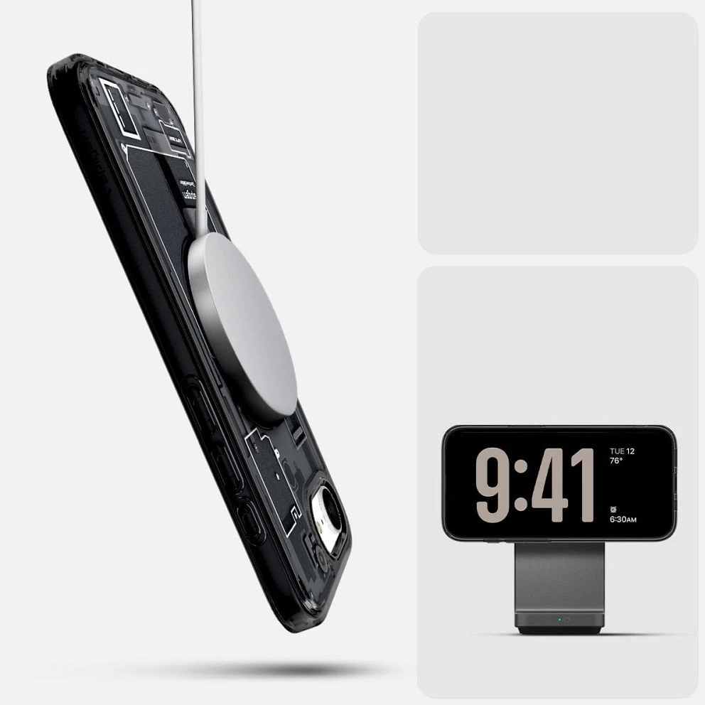 SPIGEN dėklas ULTRA HYBRID MAG suderinamas su MagSafe, skirtas IPHONE 16E 2025 zero one juodas