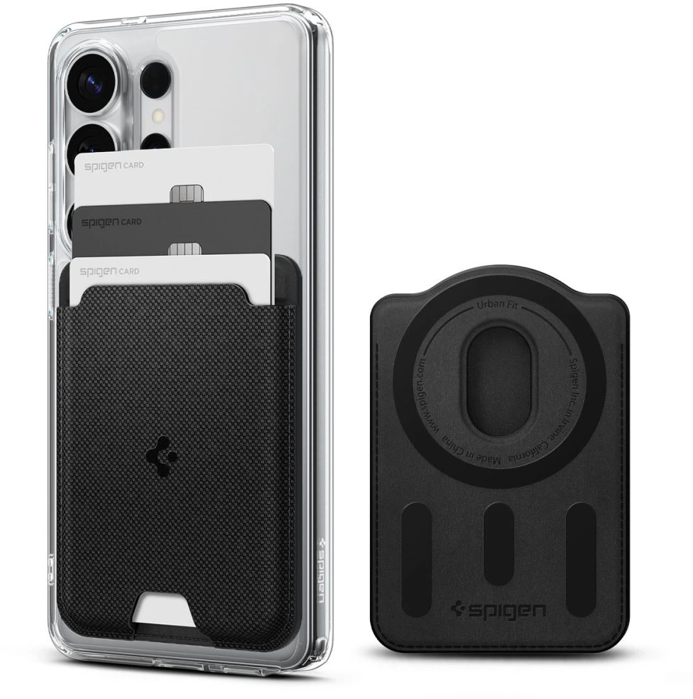 Dėklas „Spigen Urban Fit“ „MagSafe“ piniginė, juoda – „Samsung Galaxy S25“ serijai