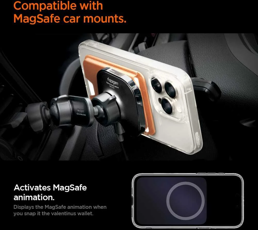 Dėklas Spigen Valentinus MAgFit+ MagSafe Universal Magnetic Card Holder Metallic oranžinės spalvos