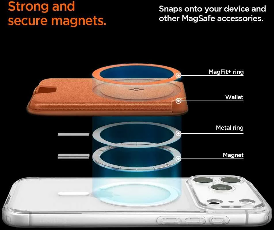 Dėklas Spigen Valentinus MAgFit+ MagSafe Universal Magnetic Card Holder Metallic oranžinės spalvos