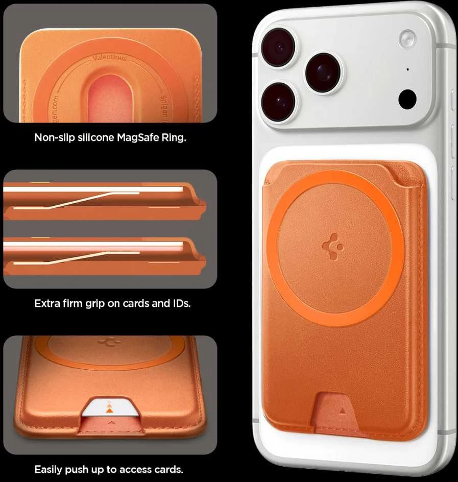 Dėklas Spigen Valentinus MAgFit+ MagSafe Universal Magnetic Card Holder Metallic oranžinės spalvos