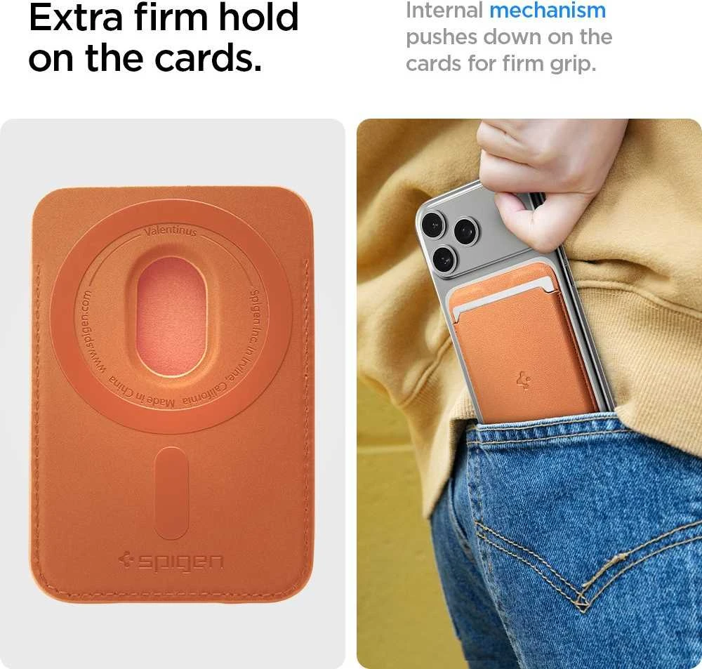 Dėklas Spigen Valentinus MagSafe Universal Magnetic Card Holder Metallic oranžinės spalvos