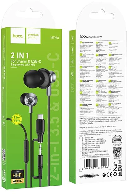 su laidu ausinės su mikrofonu Jack 3,5 mm/ USB C Hoco M119A juodas