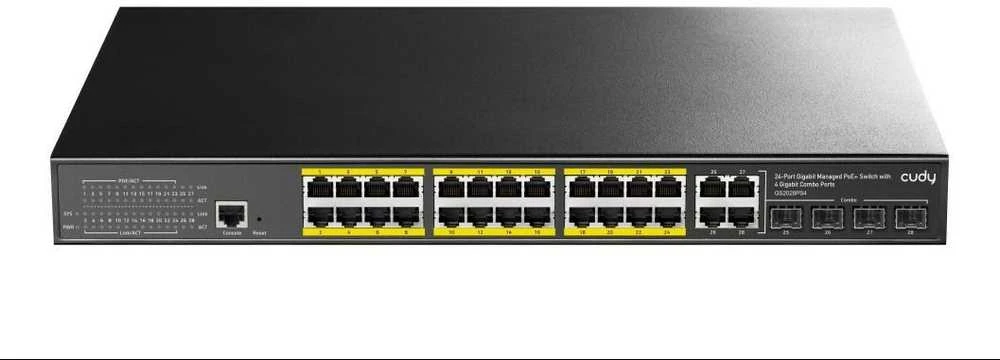 Šakotuvas Komutatorius - CUDY GS2028PS4-400W 24-Portų Gigabit L2 Valdomas PoE+ 400W 4x Gigabit Kombinuoti Prievadai