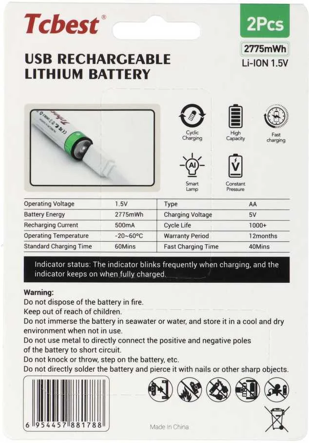 TCBEST įkraunama baterija R6 (AA) 1850 mAh su C tipo lizdu + laidas USB A į 2 x C tipo jungtys (2 vnt.)