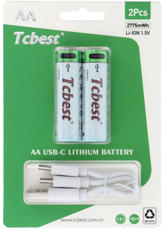 TCBEST įkraunama baterija R6 (AA) 1850 mAh su C tipo lizdu + laidas USB A į 2 x C tipo jungtys (2 vnt.)