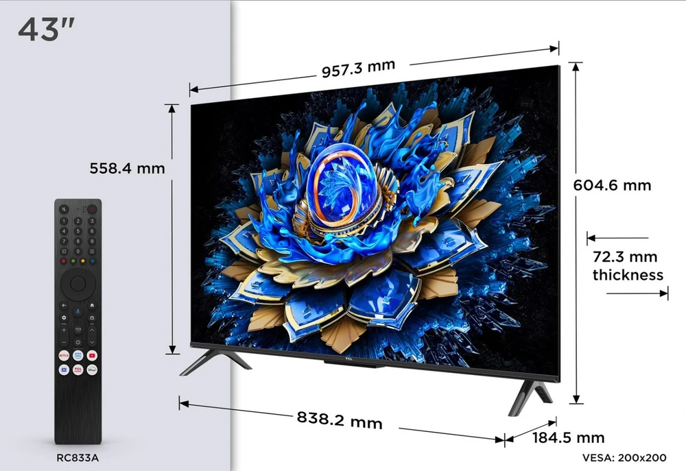 Televizorius TCL 4K QLED TV | 43T69C | 43 | Smart TV | Google TV | UHD | Juodas
