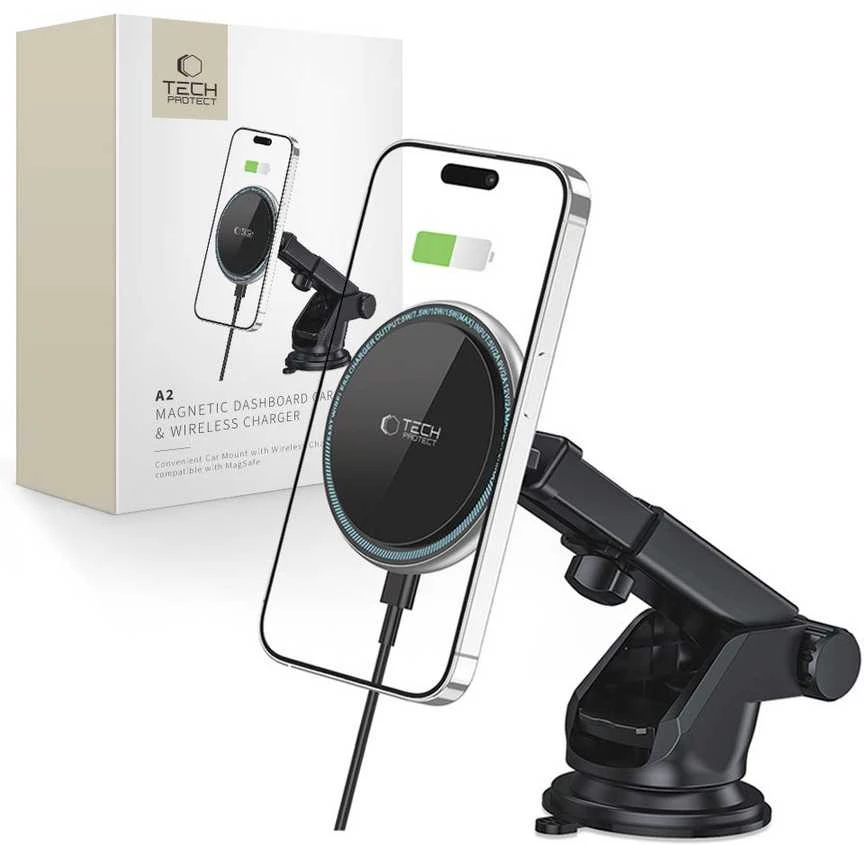 Magnetinis automobilinis laikiklis MagSafe su 15W indukcinis įkrovimas priekiniam stiklui / prietaisų skydeliui teleskopinė rankena Tech-Protect A2 juodos spalvos