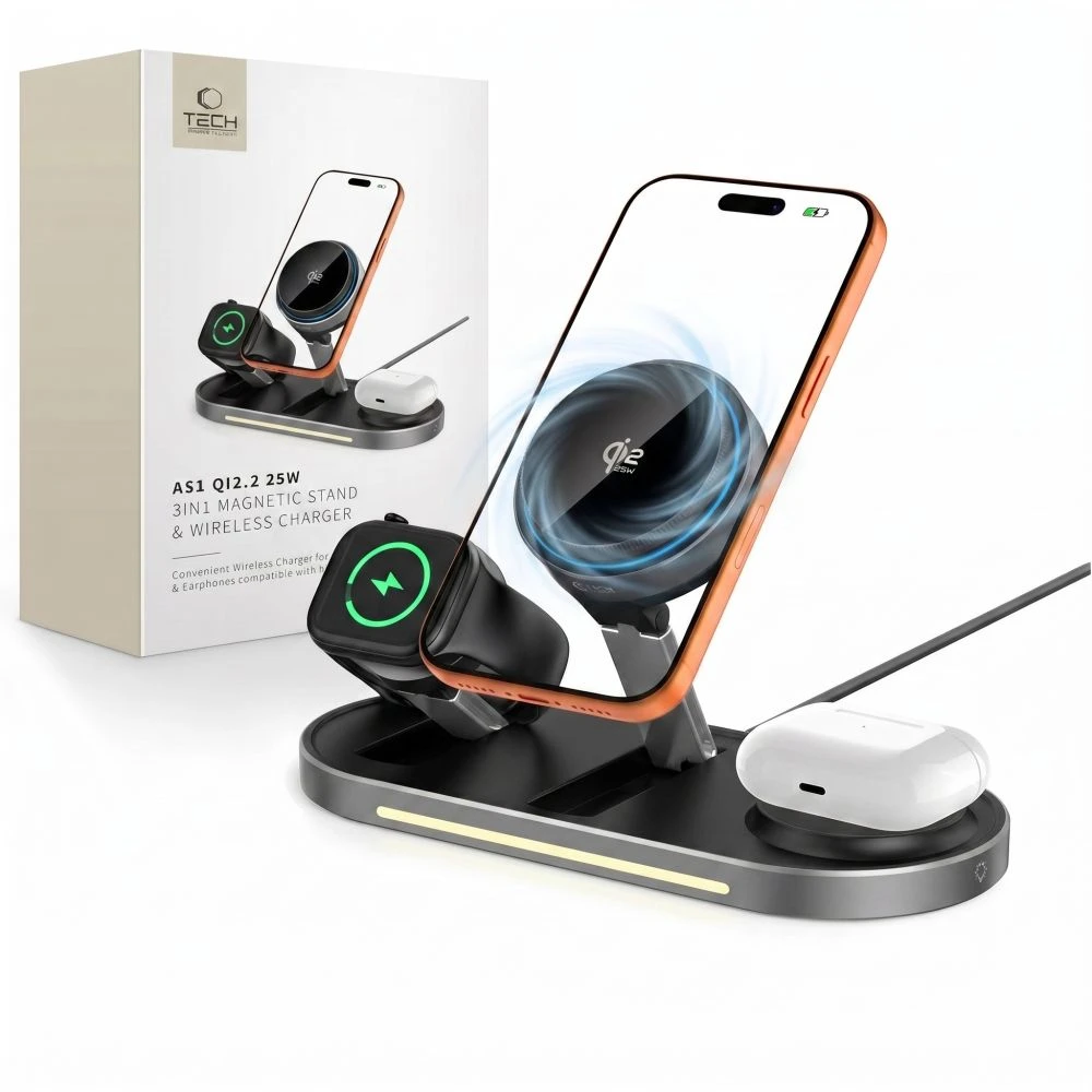 Tech-Protect A51 ArcticBoost 3in1 Magnetinis MagSafe belaidis įkroviklis 25W QI2.2 juodos spalvos