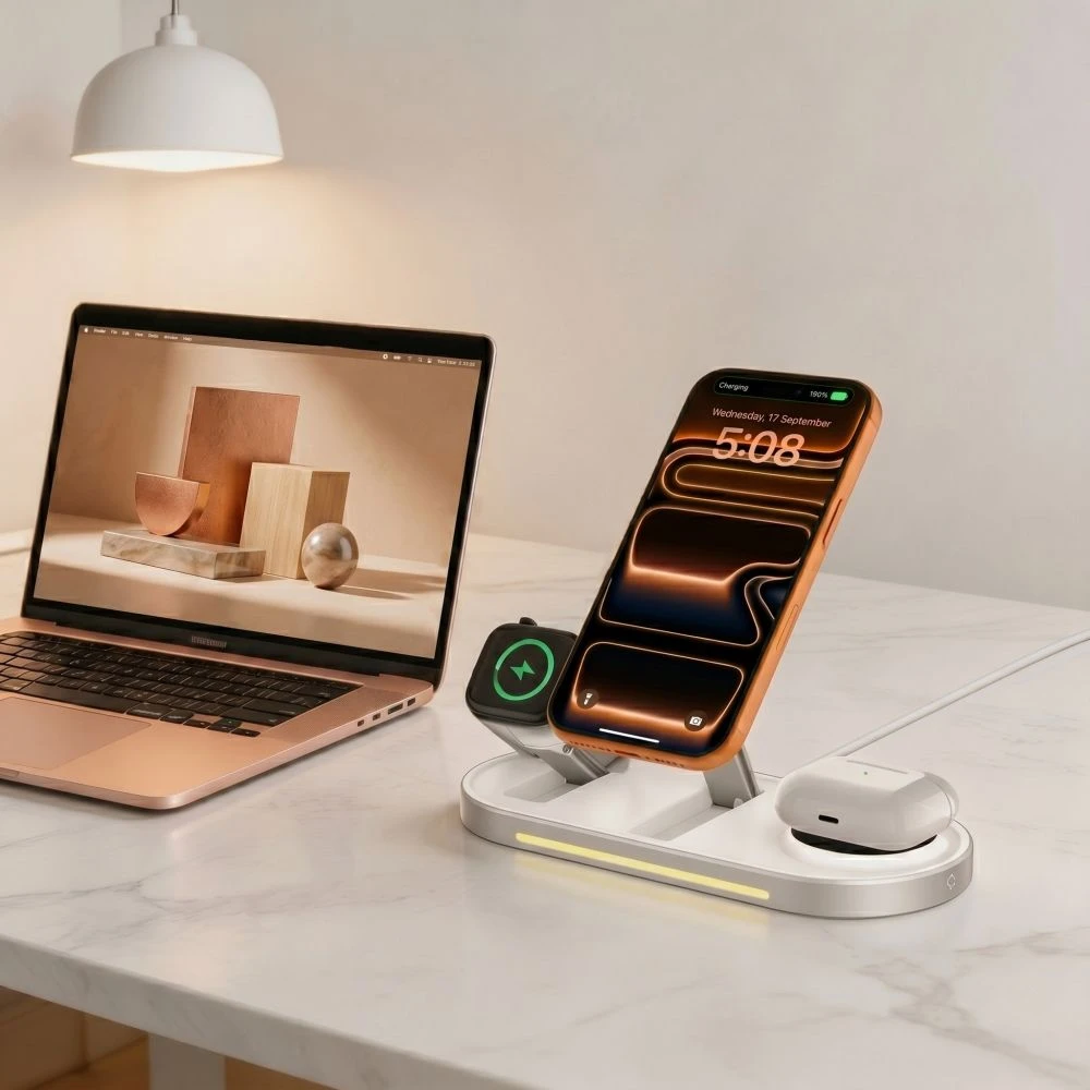 Tech-Protect A51 ArcticBoost 3in1 Magnetinis MagSafe belaidis įkroviklis 25W QI2.2 baltos spalvos
