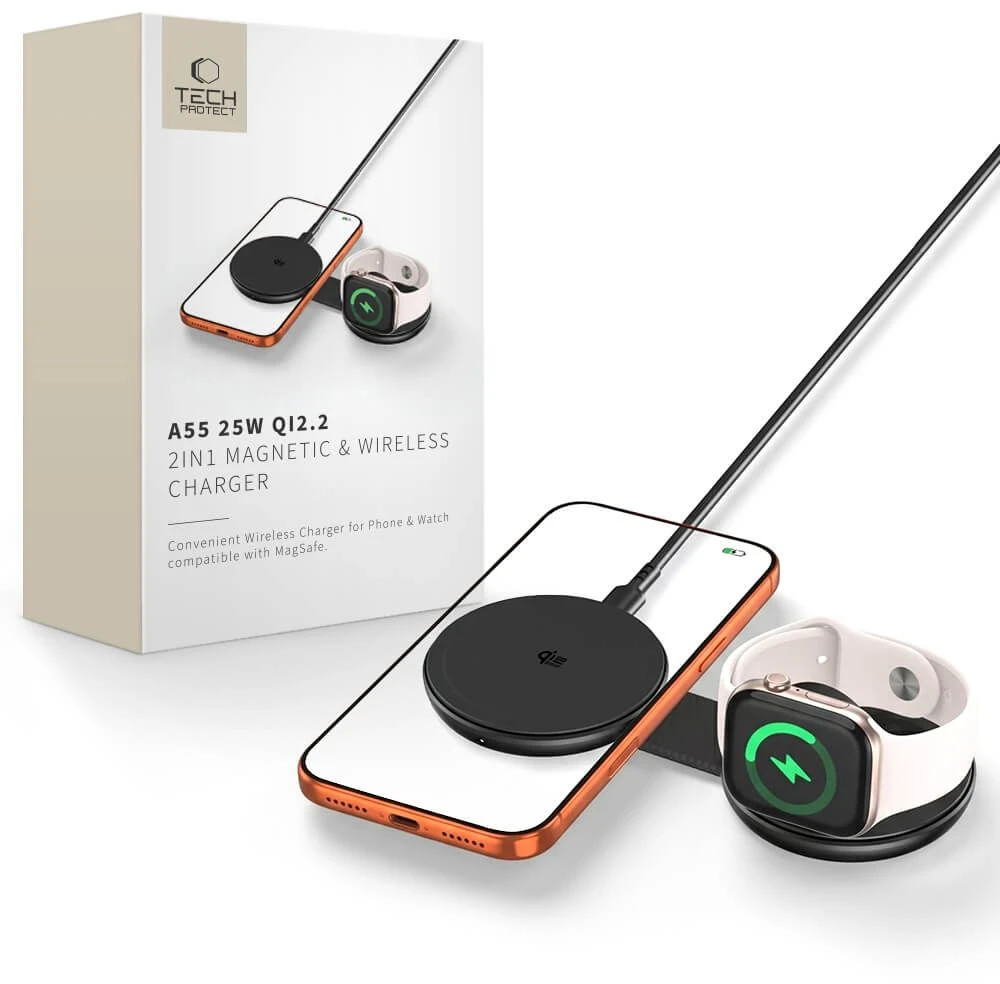 Tech-Protect A55 2IN1 MAGNETINIS MagSafe BELAIDIS ĮKROVIKLIS 25W QI2.2 Juodas