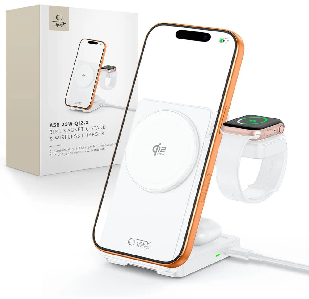 Tech-Protect A56 3IN1 MAGNETINIS MagSafe BELAIDIS ĮKROVIKLIS 25W QI2.2 Baltas