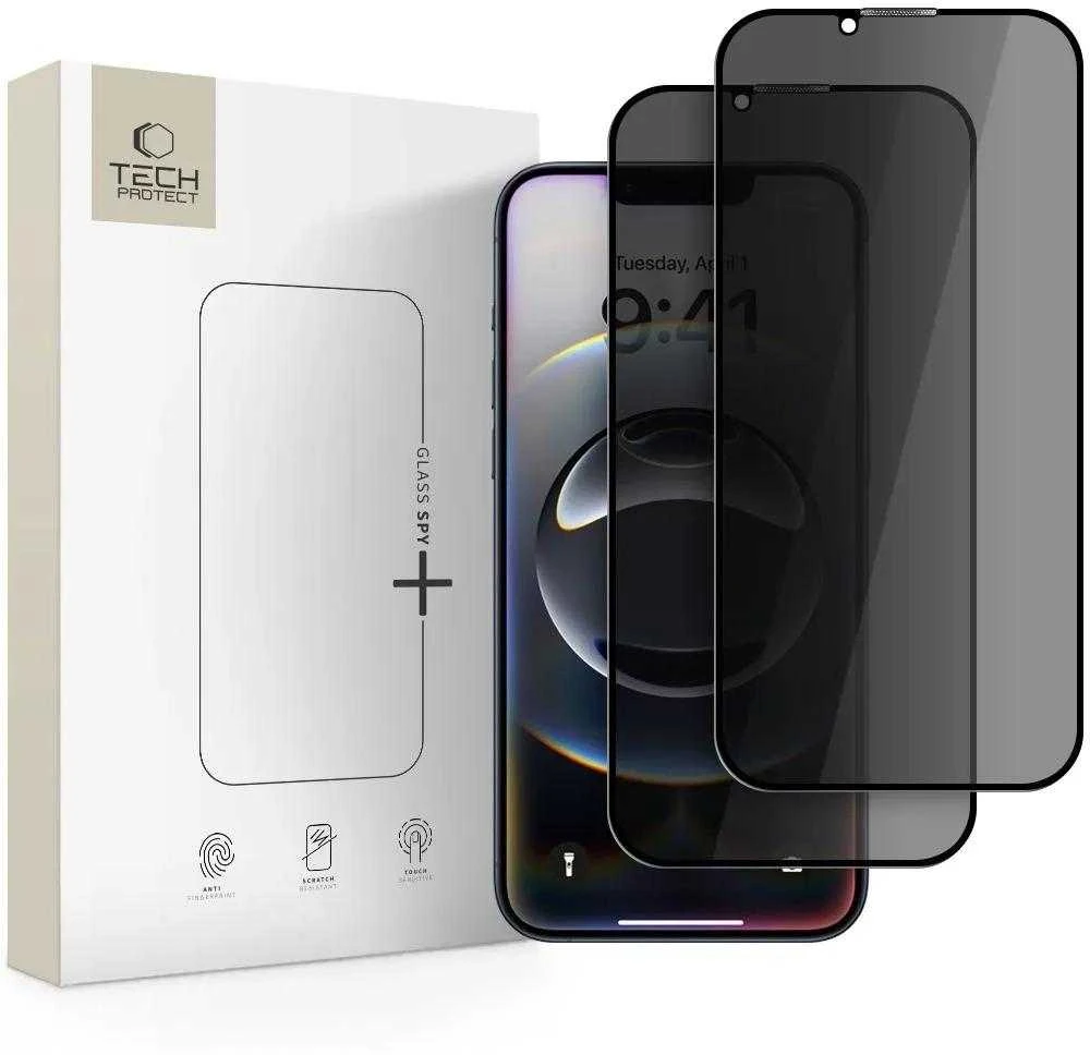 „Tech-Protect Anti Spy Glass Pro+“ 2 vnt. pakuotė, skirta „iPhone 17e / 16e / 14 / 13 Pro / 13“ - juodas
