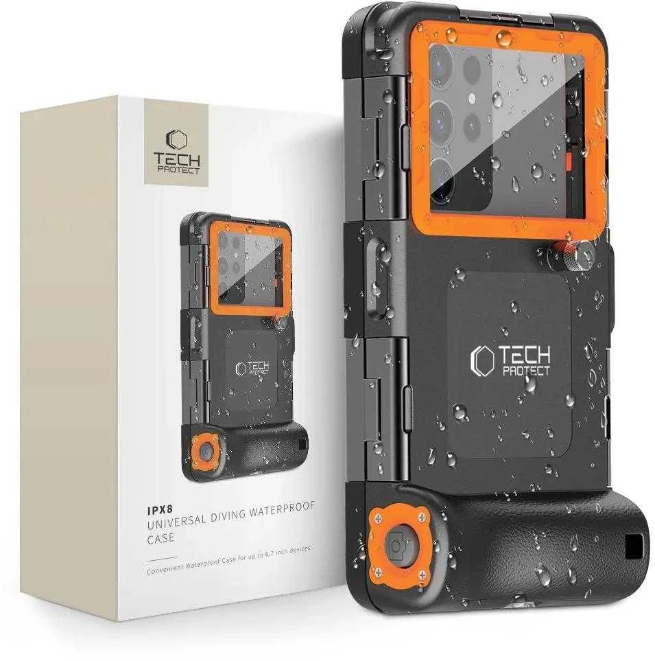 Tech-Protect IPX8 Diving Atsparus vandeniui Case Universal dėklas telefonui juodos spalvos & oranžinis