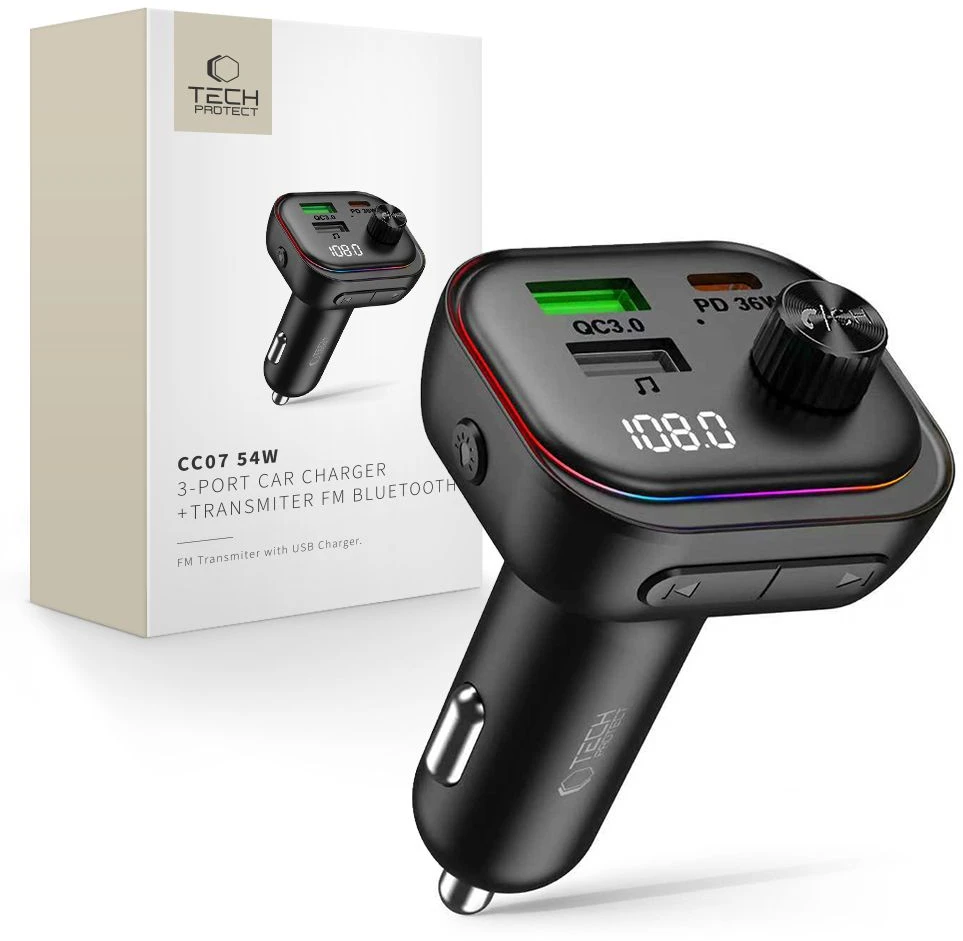 Tech-Protect CC07 3 PRIEVADŲ AUTOMOBILINIS ĮKROVIKLIS PD 54W + FM SIŲSTUVAS BLUETOOTH Juodas