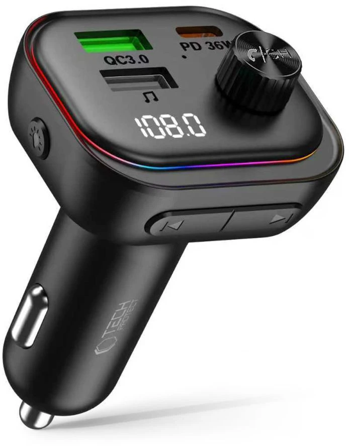 Tech-Protect CC07 3 PRIEVADŲ AUTOMOBILINIS ĮKROVIKLIS PD 54W + FM SIŲSTUVAS BLUETOOTH Juodas