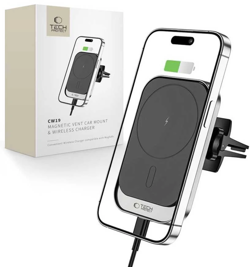 MagSafe Automobilinis laikiklis su 15W belaidžiu įkrovimu for Supply / ventiliacijos grotelėms USB-C Tech-Protect CW19 juodos spalvos