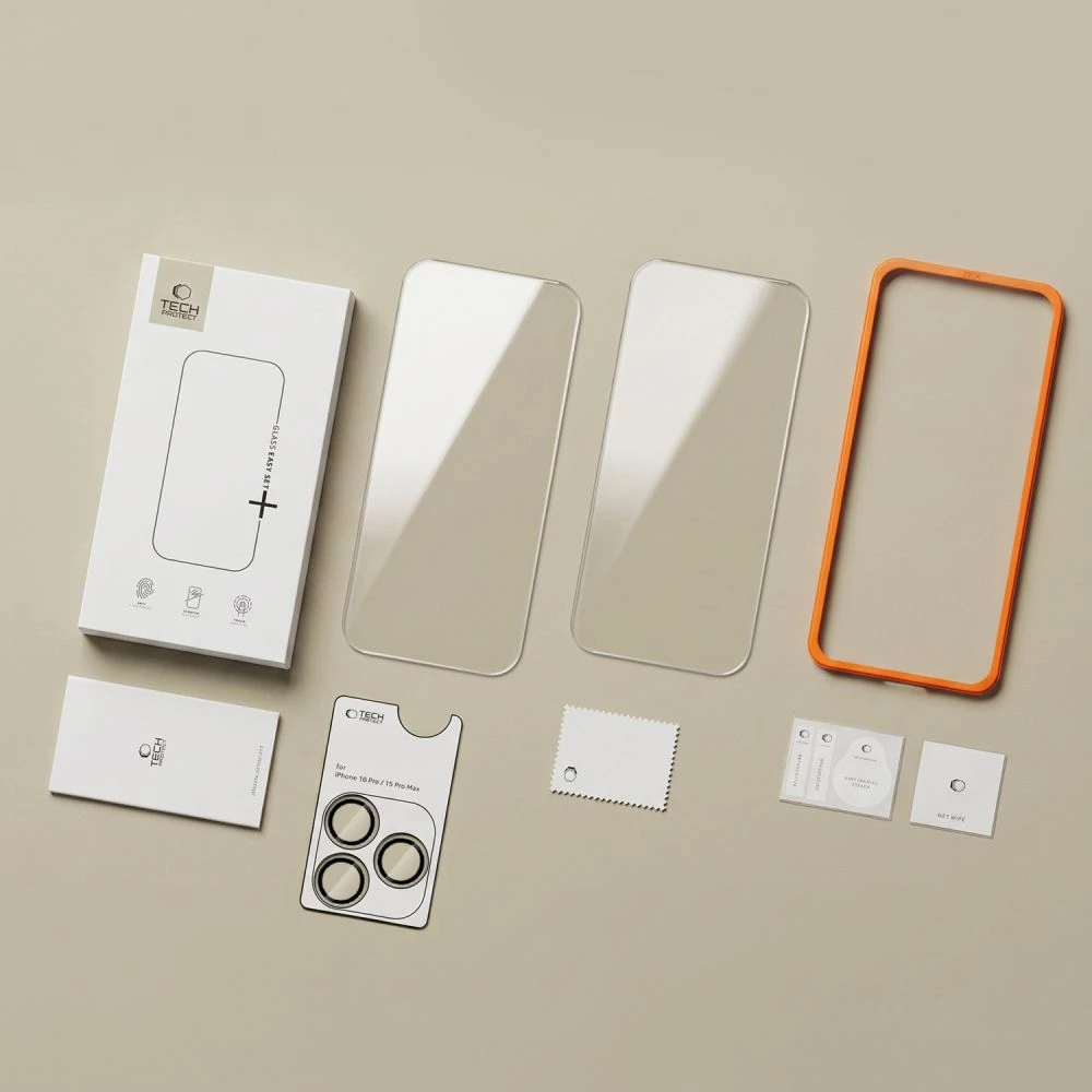 Tech-Protect Easy Set+ 2 vnt. Grūdintas stiklas ekranui ir grūdintas stiklas objektyvui, skirtas iPhone 18 Pro