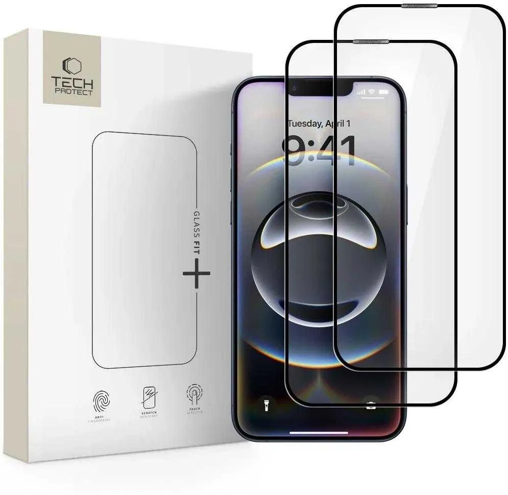 „Tech-Protect Glass Fit+“ 2 grūdinto stiklo pakuotė, skirta „iPhone 17e / 16e / 14 / 13 Pro / 13“ - juodas