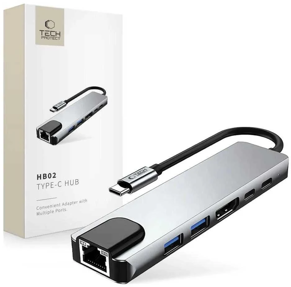 Tech-Protect HB02 HUB Adapteris 6in1 USB-C + USB2.0 + USB3.0 + HDMI 4K 30Hz + RJ45 + PD100W - pilka