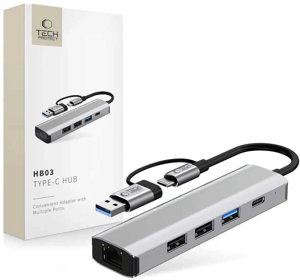 Tech-Protect HB03 HUB Adapteris 5in1 USB-C + USB2.0 + USB3.0 + RJ45 - pilka