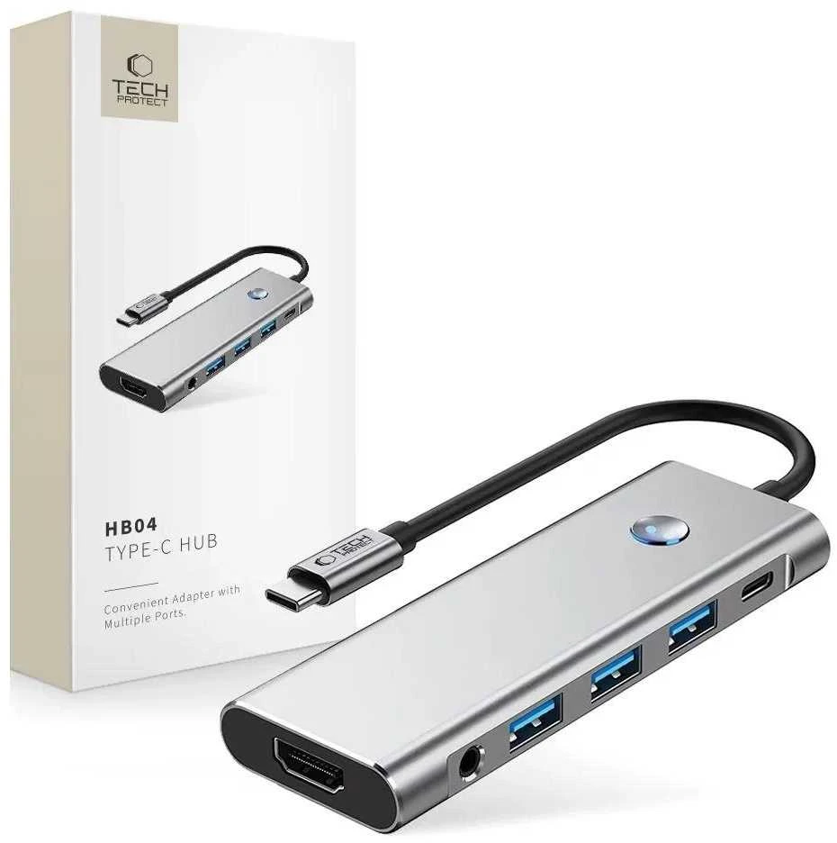 Tech-Protect HB04 HUB Adapteris 9in1 USB-C + USB2.0 + USB3.0 + HDMI 4K 60Hz + SD / TF + PD100W + AV3.5 - pilka