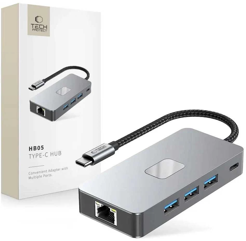 Tech-Protect HB05 HUB 9in1 USB-C + USB2.0 + USB3.0 + HDMI 4K 60HZ + SD / TF + PD100W + RJ45 adapteris - pilka