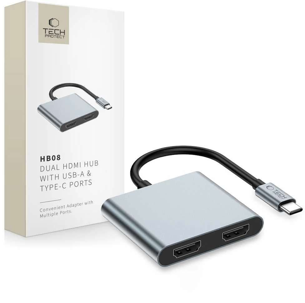 „Tech-Protect HB08 4in1“ USB-C + USB2.0 + 2 x HDMI 4K 60HZ adapteris - pilka