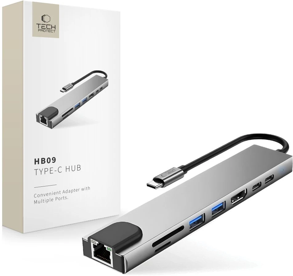 Tech-Protect HB09 USB hub 8in1 TYPE-C + USB-A 3.0 + USB-C 3.0 + HDMI 4K 60HZ + SD/TF + PD100W + RJ45 1000 MB/S - pilka