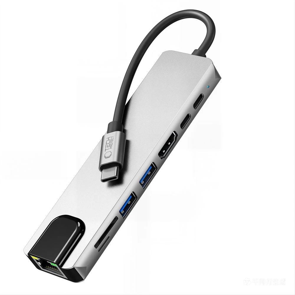 „Tech-Protect HB09“ USB šakotuvas 8in1 TYPE-C + USB-A 3.0 + USB-C 3.0 + HDMI 4K 60Hz + SD/TF + PD100W + RJ45 1000 MB/s - pilka