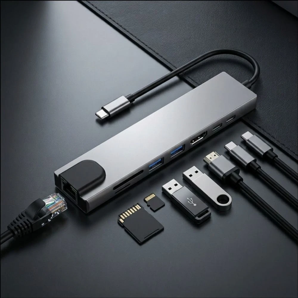 „Tech-Protect HB09“ USB šakotuvas 8in1 TYPE-C + USB-A 3.0 + USB-C 3.0 + HDMI 4K 60Hz + SD/TF + PD100W + RJ45 1000 MB/s - pilka