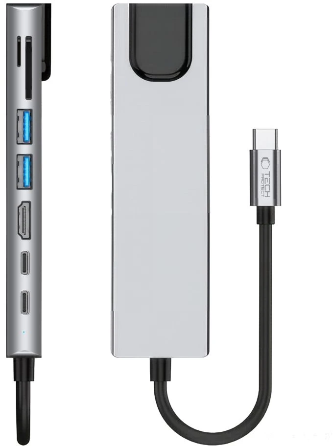 „Tech-Protect HB09“ USB šakotuvas 8in1 TYPE-C + USB-A 3.0 + USB-C 3.0 + HDMI 4K 60Hz + SD/TF + PD100W + RJ45 1000 MB/s - pilka