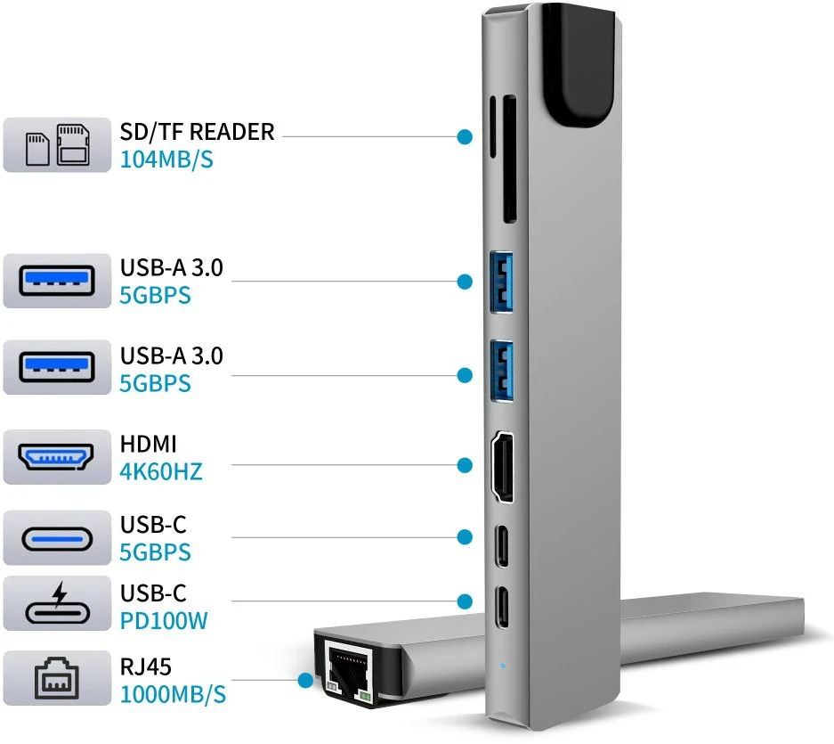„Tech-Protect HB09“ USB šakotuvas 8in1 TYPE-C + USB-A 3.0 + USB-C 3.0 + HDMI 4K 60Hz + SD/TF + PD100W + RJ45 1000 MB/s - pilka