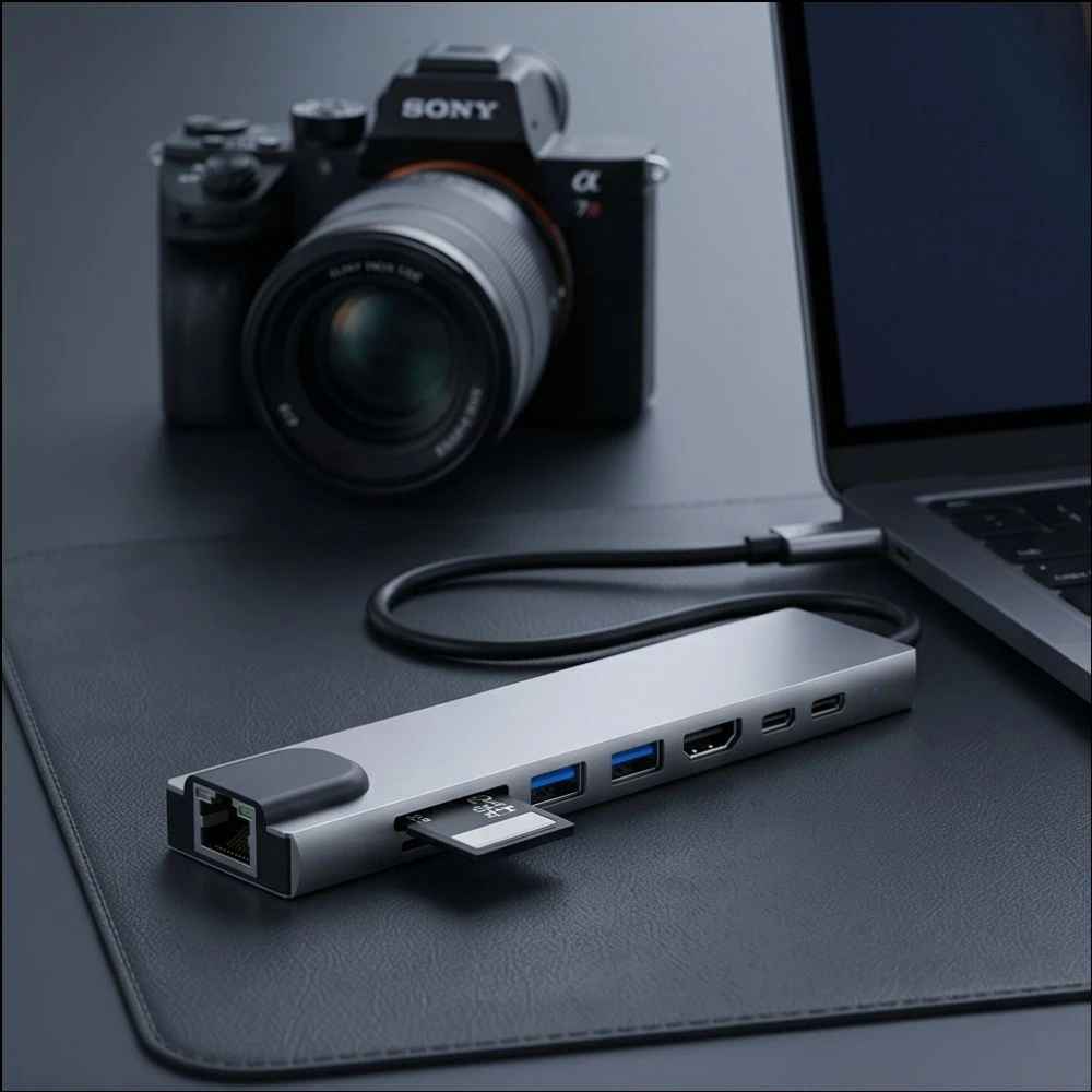 „Tech-Protect HB09“ USB šakotuvas 8in1 TYPE-C + USB-A 3.0 + USB-C 3.0 + HDMI 4K 60Hz + SD/TF + PD100W + RJ45 1000 MB/s - pilka