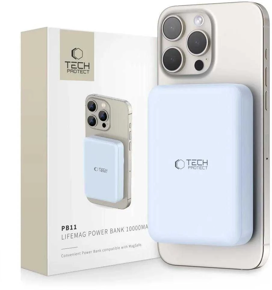 Tech-Protect LifeMag PB11 Powerbank su MagSafe 10000mAh 15W USB-C port – mėlynos spalvos + USB-C kabelis